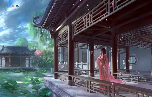 Картинка озеро, фэнтези, арт, лотос, принцесса, дворец, zhong wenhao, 天朗气清，惠风和畅。