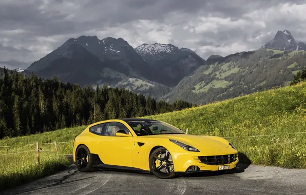 Картинка Ferrari, forest, yellow, mountain