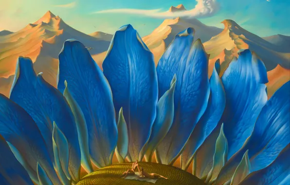 Картинка небо, облака, горы, сюрреализм, картина, живопись, волшебный мир, Метаморфозы, Владимир Куш, голубой подсолнух