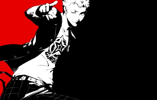 Картинка белый, красный, чёрный, игра, аниме, арт, парень, персонаж, персона, Persona 5
