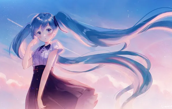 Картинка девушка, ветер, Hatsune Miku, Vocaloid, Вокалоид, голубые волосы, Хатсуне Мику, хвостики