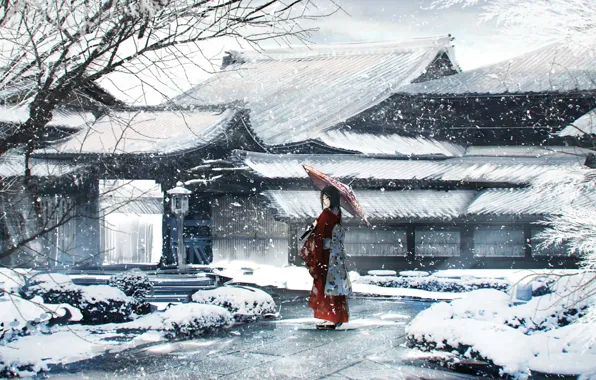 Картинка зима, девушка, зонт, юката, японя