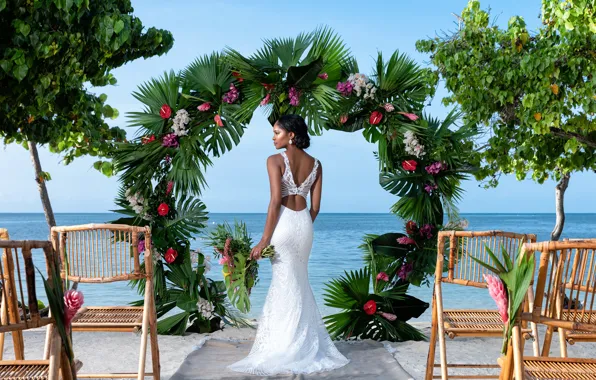 Картинка девушка, цветы, поза, океан, фигура, невеста, свадебное платье, Константин Силаев