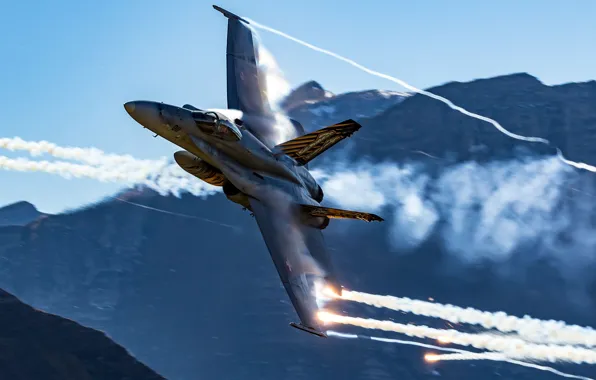Картинка Горы, Истребитель, ЛТЦ, ВВС Швейцарии, Эффект Прандтля — Глоерта, F/A-18 Hornet