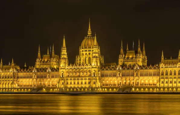Картинка огни, река, Парламент, Венгрия, Будапешт, Дунай