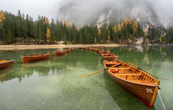 Картинка осень, лес, горы, туман, озеро, берег, лодки, Альпы, водоем