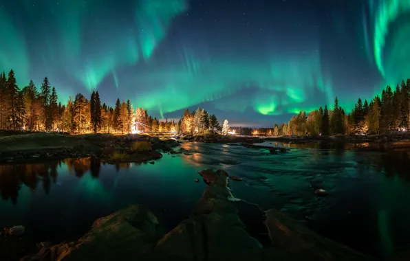 Картинка осень, северное сияние, Финляндия