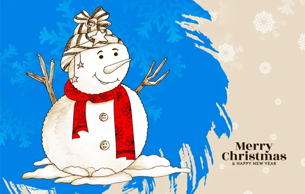 Картинка снег, снежинки, красный, надпись, шапка, звезда, шарф, Рождество, Новый год, снеговик, синий фон