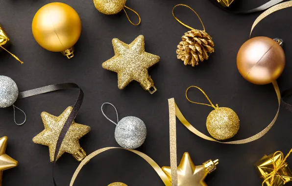 Картинка украшения, золото, шары, Новый Год, Рождество, golden, черный фон, black, Christmas, balls, background, New Year, …