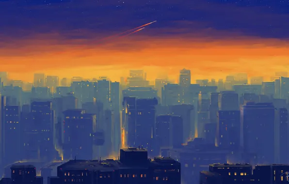 Картинка город, дома, свет в окнах, закат в городе, by Bisbiswas
