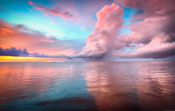 Картинка небо, цвета, облака, закат, океан