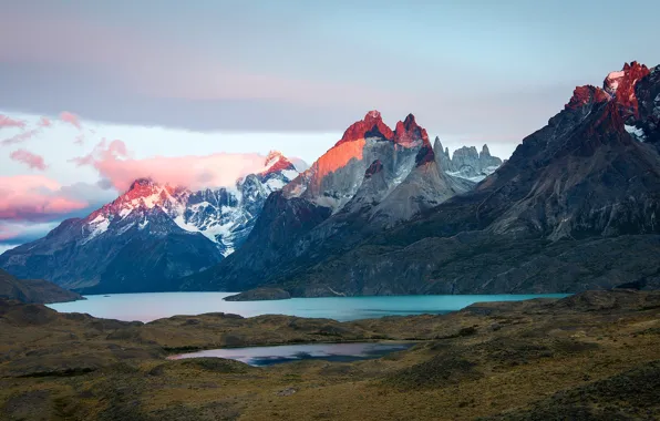 Картинка небо, облака, горы, природа, берег, водоем, Чили, Анды, Патагония, снежные вершины