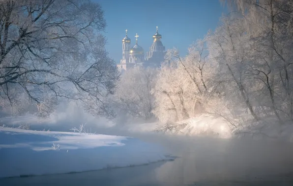 Картинка зима, иней, снег, деревья, пейзаж, природа, река, монастырь, купола, Истра, Андрей Чиж