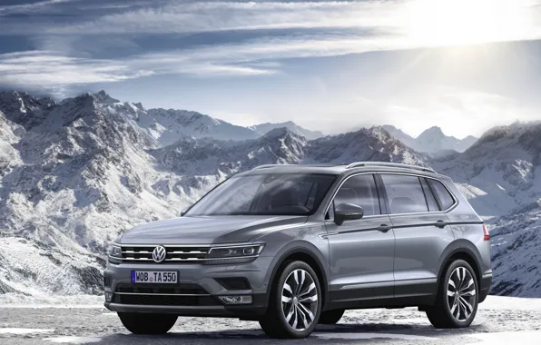 Картинка снег, горы, серый, Volkswagen, Tiguan