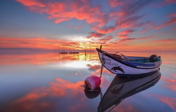 Картинка небо, отражение, рассвет, лодка, утро, Португалия, лагуна, Portugal, Torreira, Лагуна Авейру, Aveiro Lagoon, Торрейра