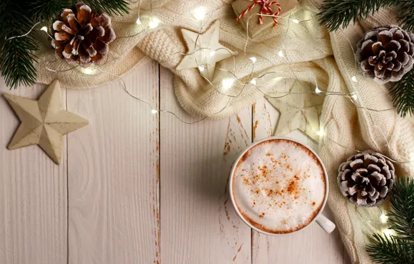 Картинка Новый Год, Рождество, Christmas, wood, cup, New Year, coffee, decoration, чашка кофе, Merry, fir tree, …