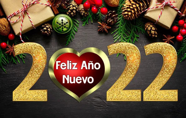 Картинка праздник, ветви, сердце, новый год, цифры, подарки, орехи, Happy New Year, шишки, с новым годом, …