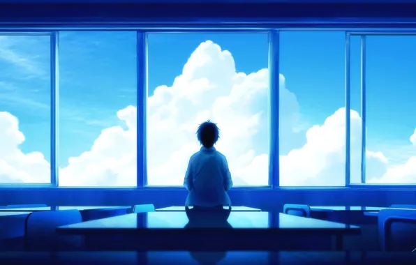 Картинка небо, облака, окно, класс, парень, парта, школьник