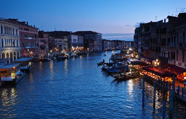 Картинка огни, лодки, вечер, Италия, Венеция, Grand Canal