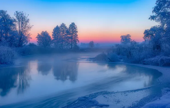 Картинка зима, снег, деревья, закат, река, Польша, камыш, Poland, изморозь, River Gwda, Река Гвда