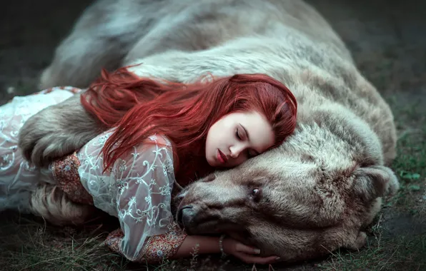 Картинка девушка, лицо, волосы, медведь, мишка, закрытые глаза, обнимашки, Мария Липина