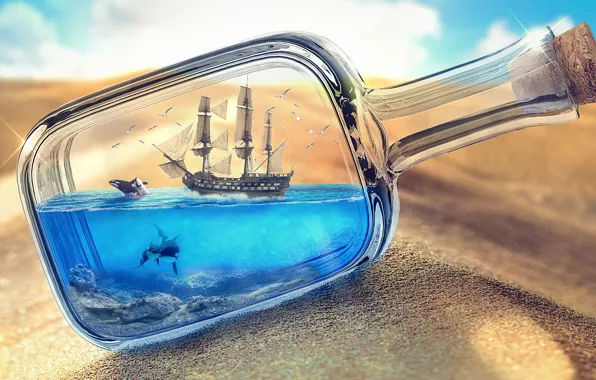 Картинка песок, море, пустыня, корабль, бутылка, фотоарт, корабль в бутылке, море в бутылке