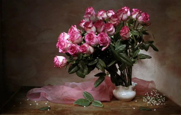 Картинка стол, розы, ваза, тюль