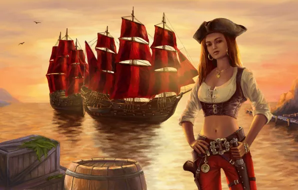 Картинка девушка, закат, корабль, арт, пиратка