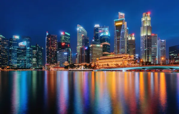 Картинка мост, здания, дома, Сингапур, ночной город, небоскрёбы, Singapore, Marina Bay, Залив Марина-Бэй