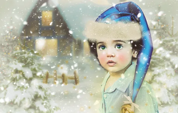 Картинка зима, взгляд, снег, праздник, ребенок, портрет, мальчик, арт, Рождество, Новый год, домик, снегопад, колпак