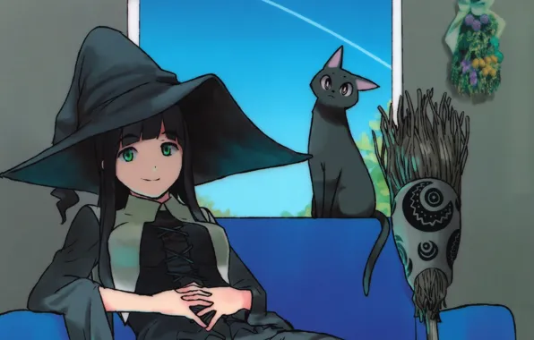 Картинка символы, метла, черный кот, зеленые глаза, сухие цветы, Flying Witch, ведьма в шляпе, by Tomoe …