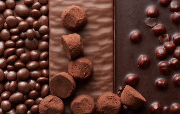 Картинка крупный план, шоколад, конфеты, сладости, орехи, дражже