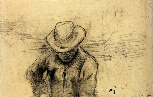 Картинка шляпа, мужчина, Vincent van Gogh, Peasant with a Fork