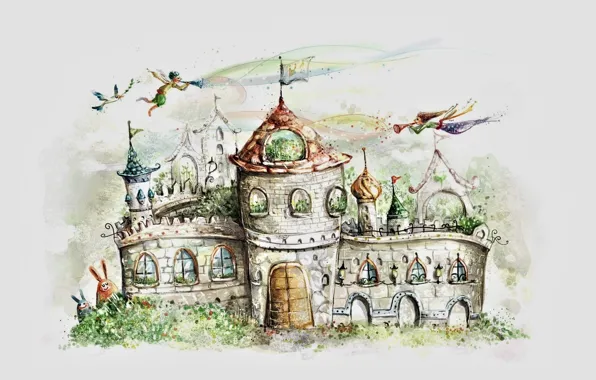 Картинка замок, рисунок, сказка, ворота, флаг, эльфы, серый фон, шпили, замок-крепость, белый голубь, ушастые, бани