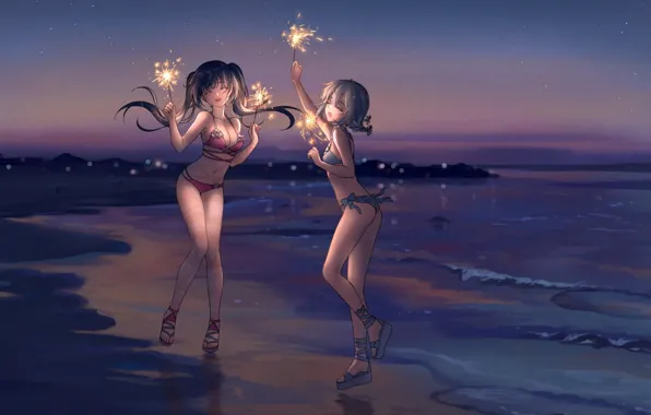 Картинка море, девушки, берег, танец, аниме, бенгальский огонь