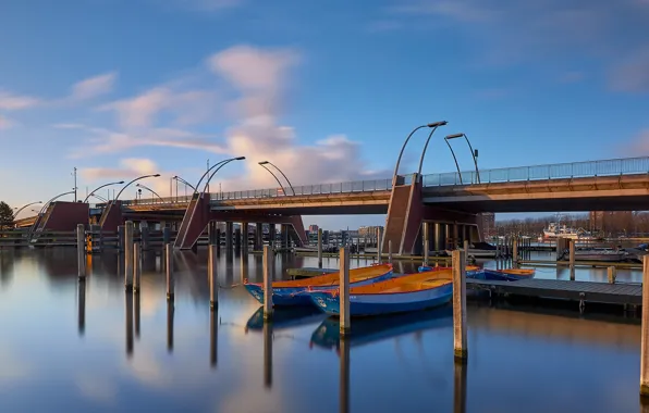 Картинка мост, река, лодки, Нидерланды, Голландия, Харлем, Schoterbrug