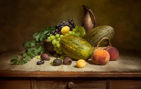 Картинка стол, виноград, миска, кувшин, фрукты, натюрморт, персики, мешковина, абрикосы, дыни, инжир