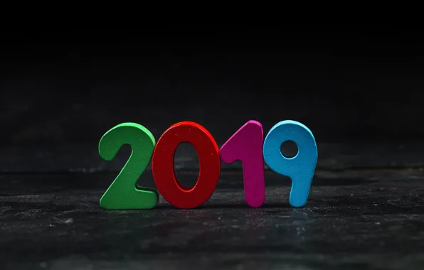 Картинка colorful, Новый Год, цифры, черный фон, black, background, New Year, Happy, 2019