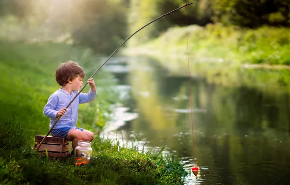 Картинка река, рыбалка, мальчик