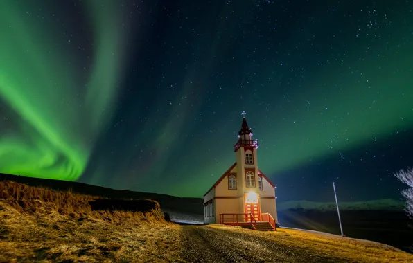 Картинка северное сияние, церковь, Исландия, Iceland, звёздное небо, Fljótshlíð