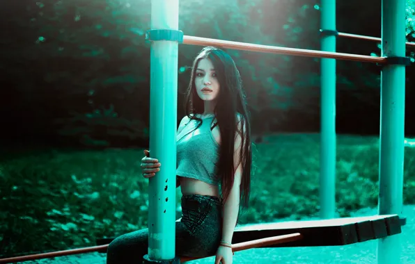 Картинка grass, trees, jeans, Woman, sitting, outdoors, poles, teal crop top
