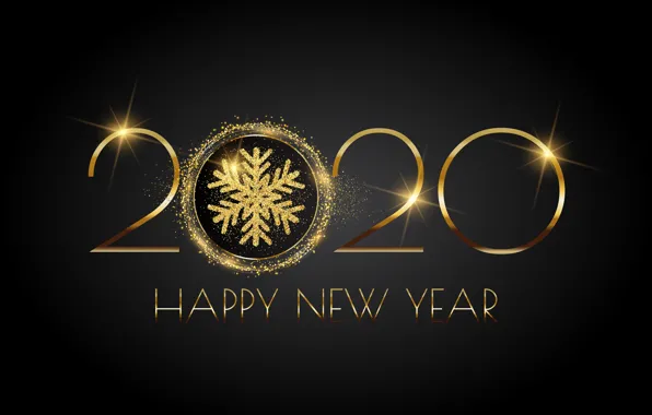Картинка снежинки, фон, золото, праздник, черный, цифры, Новый год, 2020