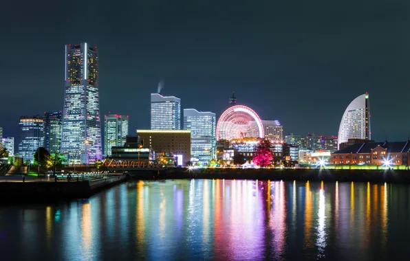 Картинка ночь, город, огни, небоскребы, Япония, Йокогама