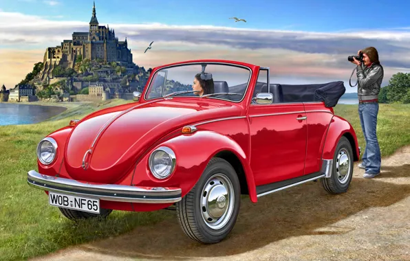Картинка Девушка, Volkswagen, Чайки, Мужчина, 1970, Beetle, Cabriolet