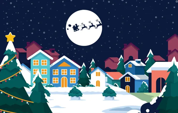Картинка Дома, Луна, Рождество, Новый год, Санта Клаус, Олени, Ёлки, Сани, Рождественские подарки для детей, Развозит …