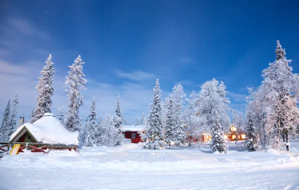 Картинка зима, снег, деревья, пейзаж, природа, зимний, домик, house, хижина, landscape, nature, beautiful, winter, snow