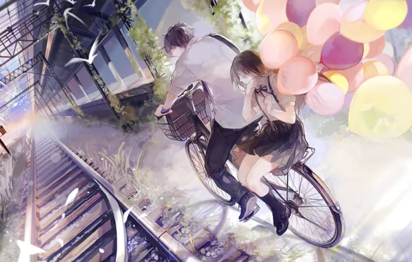 Картинка птицы, воздушные шары, романтика, рельсы, прогулка, свидание, платформа, школьники, ж.д. вокзал, на велосипеде, парень с …