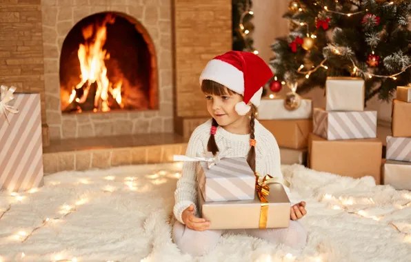 Картинка ребенок, Рождество, девочка, подарки, Новый год, новогодние украшения