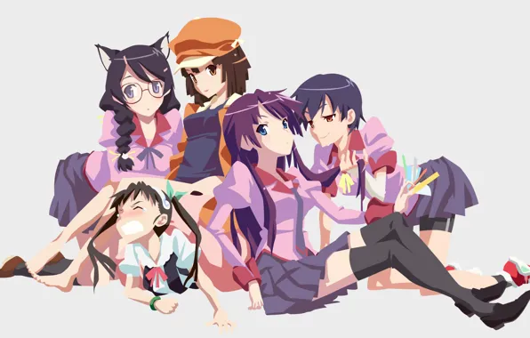 Картинка фон, девушки, кучка, Bakemonogatari