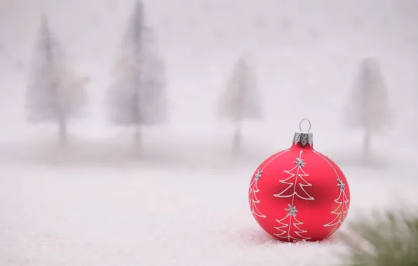 Картинка зима, лес, снег, красный, фон, узор, шарик, серебристый, Рождество, Новый год, метель, снегопад, боке, ёлочки, …